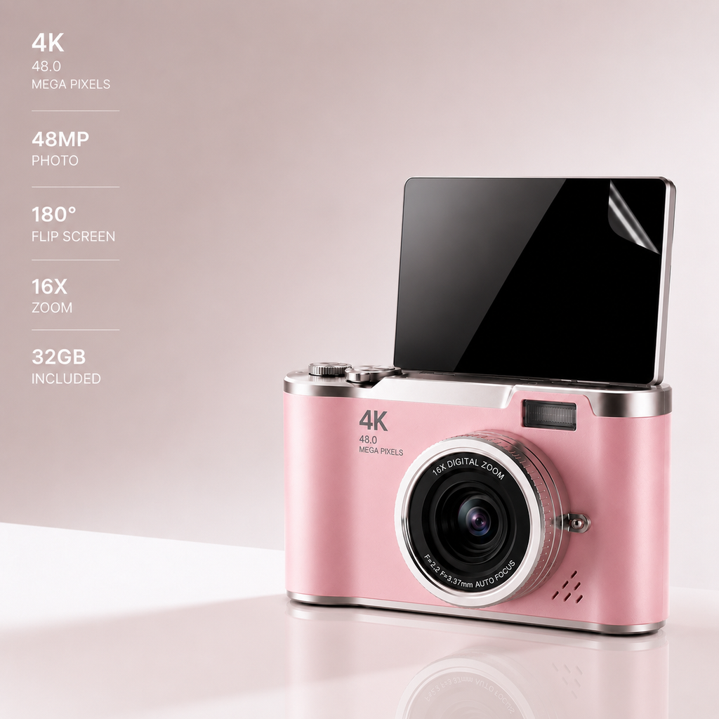Serolira Compact 4K Camera with Flip Screen, 16X Zoom & Memory Card for Photography & Vlogging