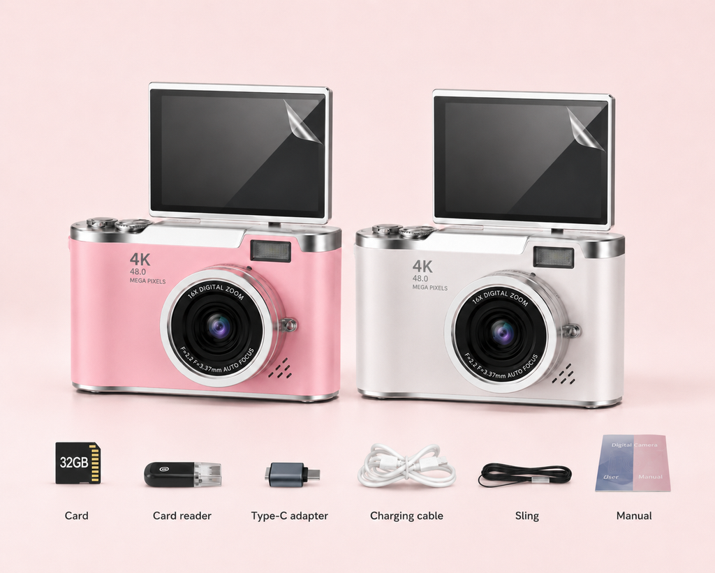 Serolira Compact 4K Camera with Flip Screen, 16X Zoom & Memory Card for Photography & Vlogging
